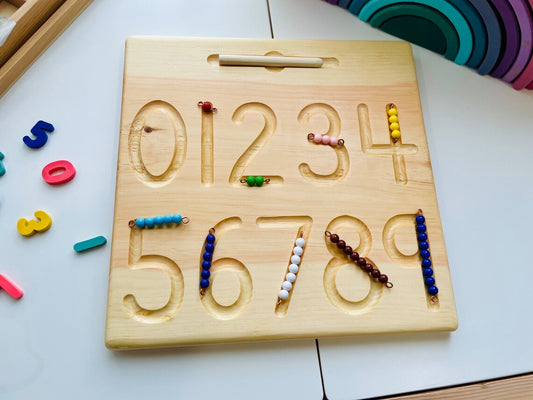 Heirloom Quality Double Sided Wooden Numbers and Shapes Tracing Board. Montessori inspired wood numerals, geometry and math tracing board