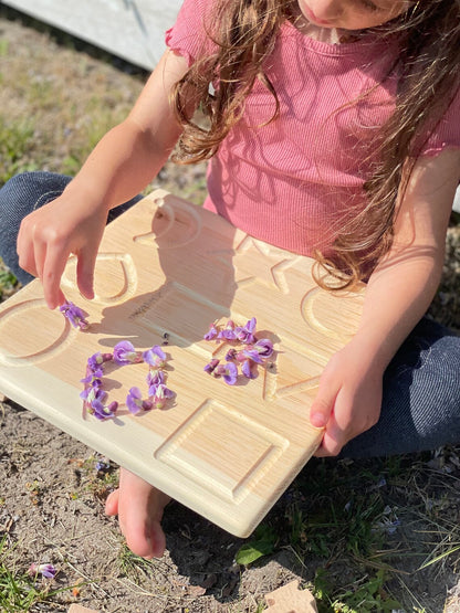 Heirloom Quality Double Sided Wooden Numbers and Shapes Tracing Board. Montessori inspired wood numerals, geometry and math tracing board