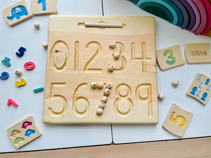 Heirloom Quality Double Sided Wooden Numbers and Shapes Tracing Board. Montessori inspired wood numerals, geometry and math tracing board