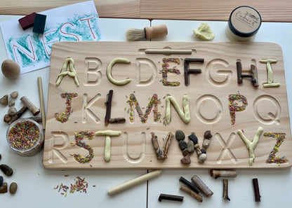 Heirloom Quality Double Sided Wooden Alphabet Tracing Board. Montessori inspired ABC uppercase lowercase wood letters tracing board