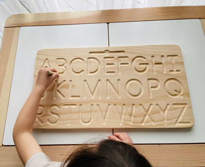 Heirloom Quality Double Sided Wooden Alphabet Tracing Board. Montessori inspired ABC uppercase lowercase wood letters tracing board